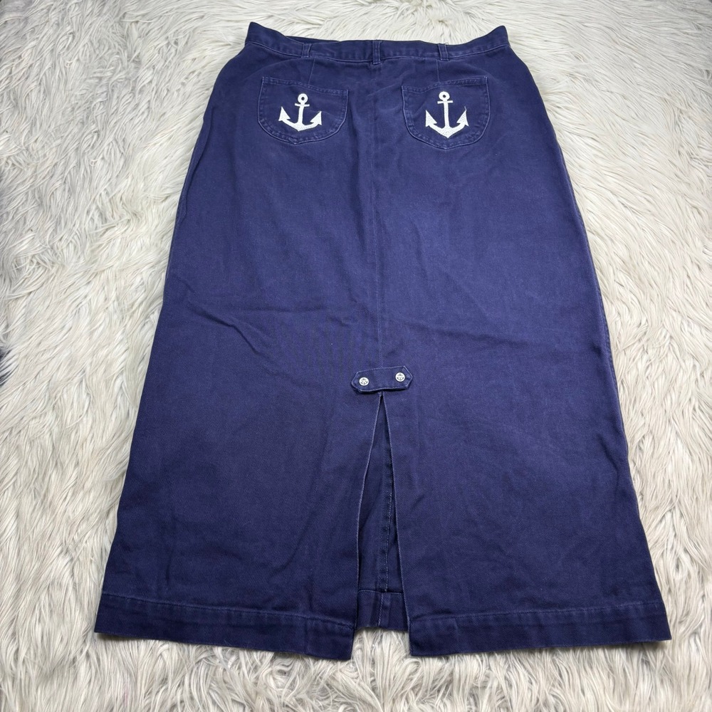 Vintage Christopher & Banks Women's 10 Navy Embroidered Anchor Pocket Midi Skirt